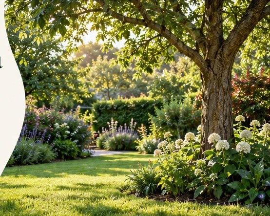 Jardín con un árbol grande y césped